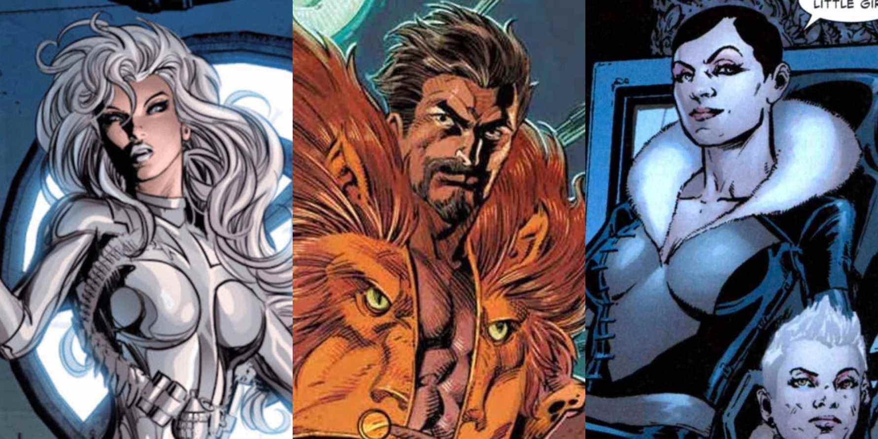 A split image depicts Silver Sable, Kraven the Hunter, and Sasha Kravinoff in Marvel Comics