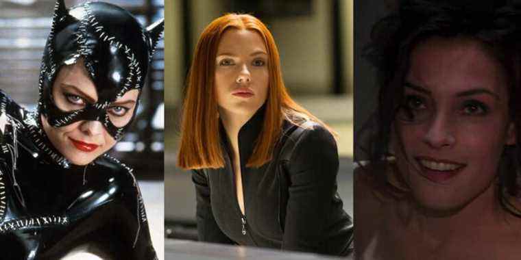 Michelle Pfeiffer as Selina Kyle in Batman Returns; Scarlett Johansson as Natasha Romanoff in Captain America 2; Famke Janssen as Xenia Onatopp in GoldenEye