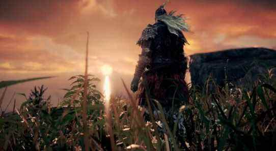 An in-game screenshot from Elden Ring showing a Tarnished looking at the sunset.