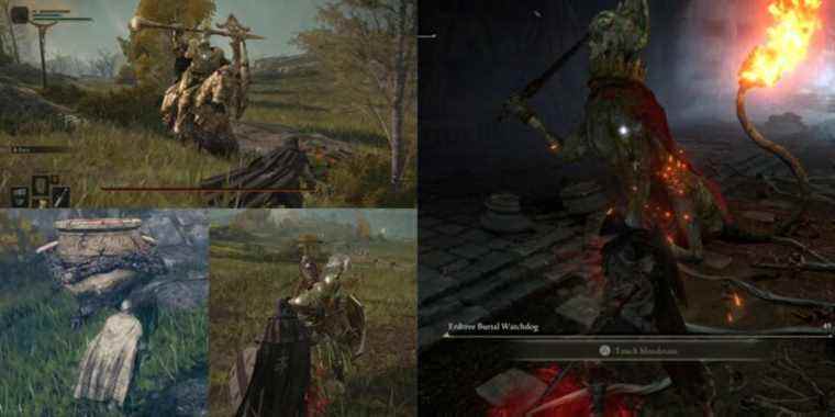 Showcase of various enemies (Tree Sentinel, Land Octopus, Watchdog, and Banished Knight) found in Elden Ring. 