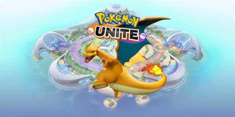 Charizard from Pokemon Unite in front of an image of the island and game logo