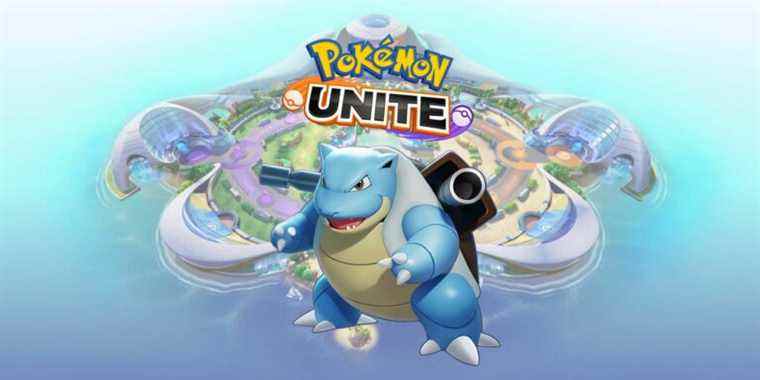 Blastoise from Pokemon Unite in front of an image of the island and game logo