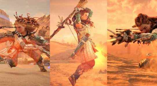 aloy swinging her spear in a large arc; aloy swinging her spear over her head; aloy stabbing her spear straight forward