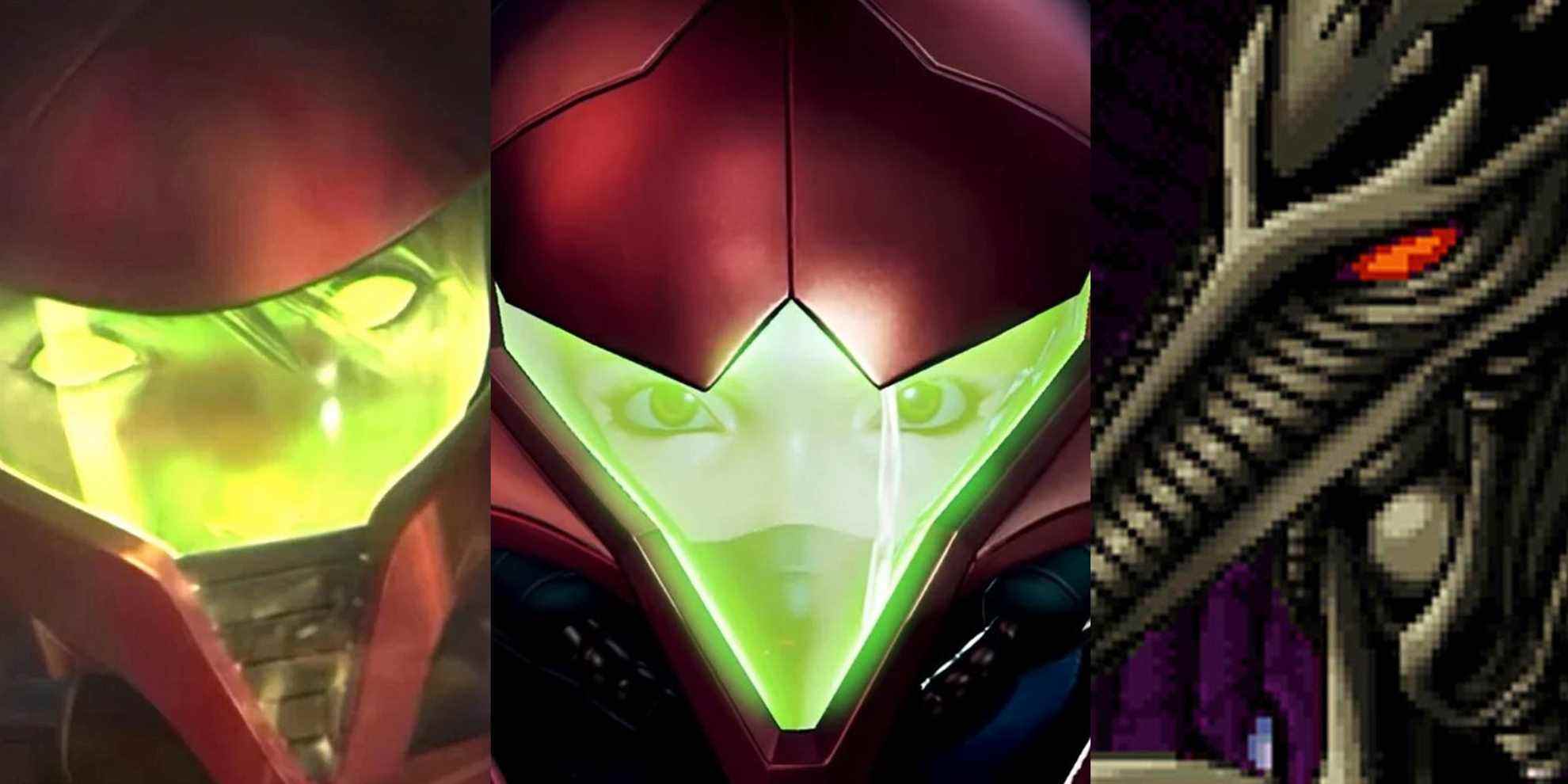 SA-X in a flashback in Metroid Dread; A close-up of Samus's helmet in Metroid Dread; Ridley in Metroid Zero Mission