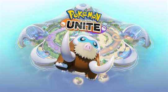 Mamoswine from Pokemon Unite in front of an image of the island and game logo