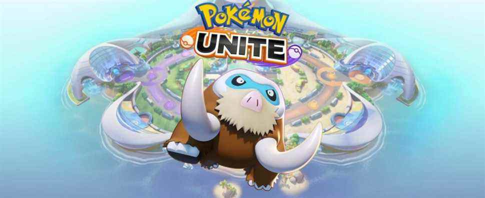 Mamoswine from Pokemon Unite in front of an image of the island and game logo
