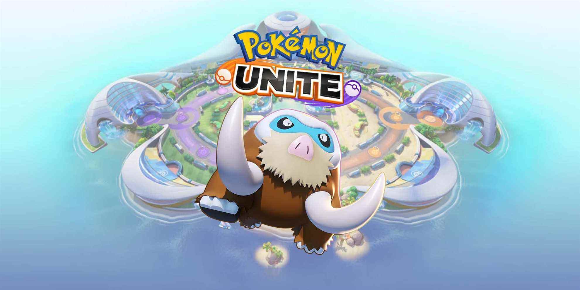 Mamoswine from Pokemon Unite in front of an image of the island and game logo