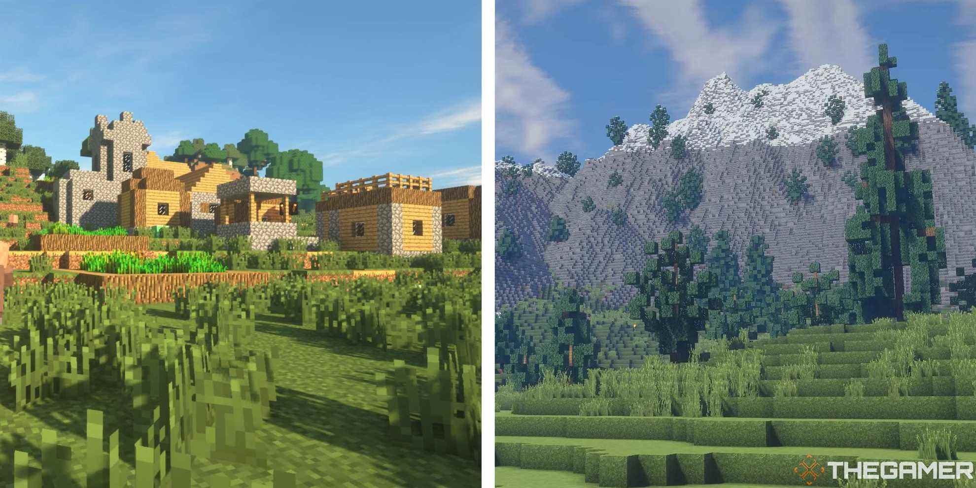 minecraft world with two different shader types installed