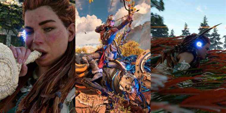 aloy uncorking a bottle with her mouth; aloy pulling back an arrow while riding a mechanical bull; aloy hiding in tall, red grass