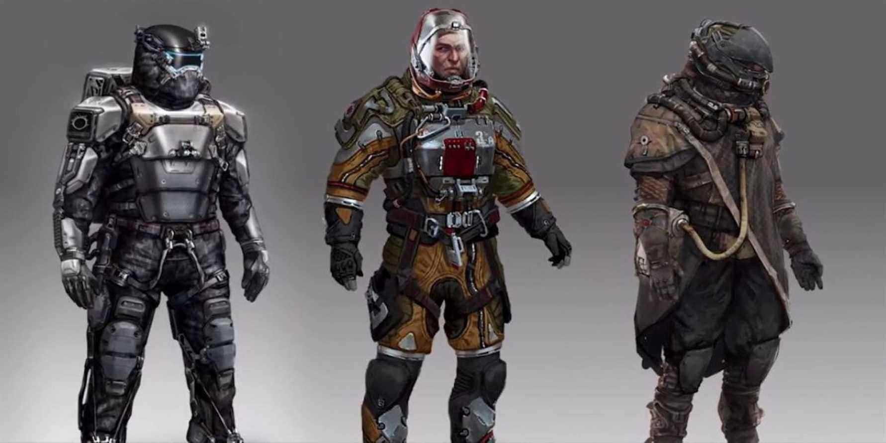 Starfield concept art showing three human explorer factions