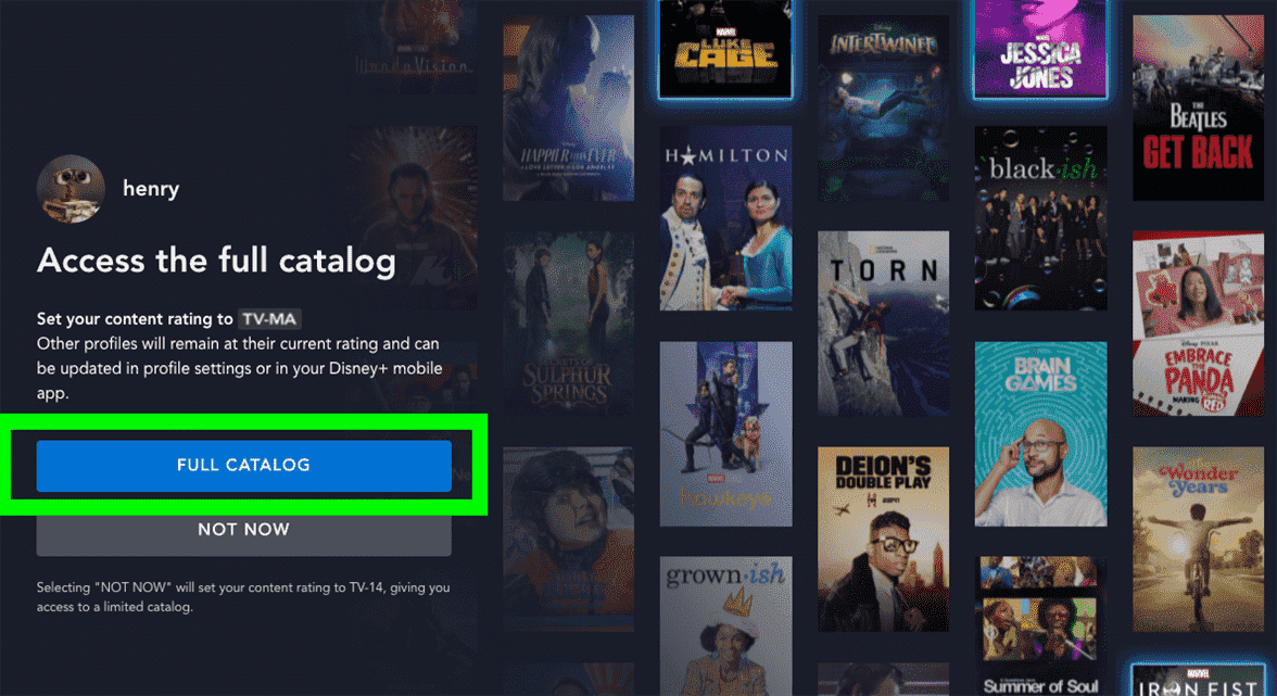Le bouton Catalogue complet est mis en surbrillance sur un écran de connexion Disney Plus pour configurer les contrôles parentaux pour le contenu TV-MA