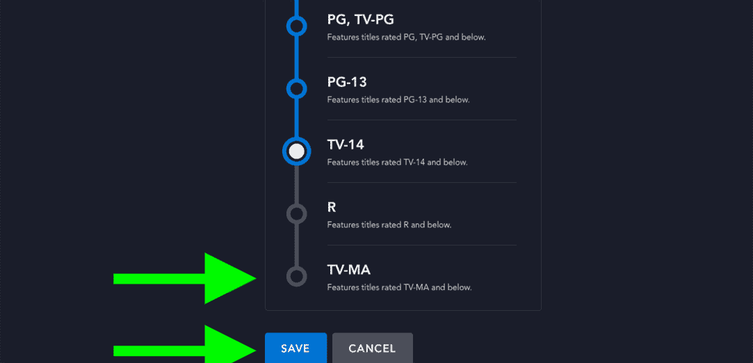 Les flèches pointent vers l'option TV-MA et le bouton Enregistrer dans la page Paramètres de contenu du profil de Disney Plus