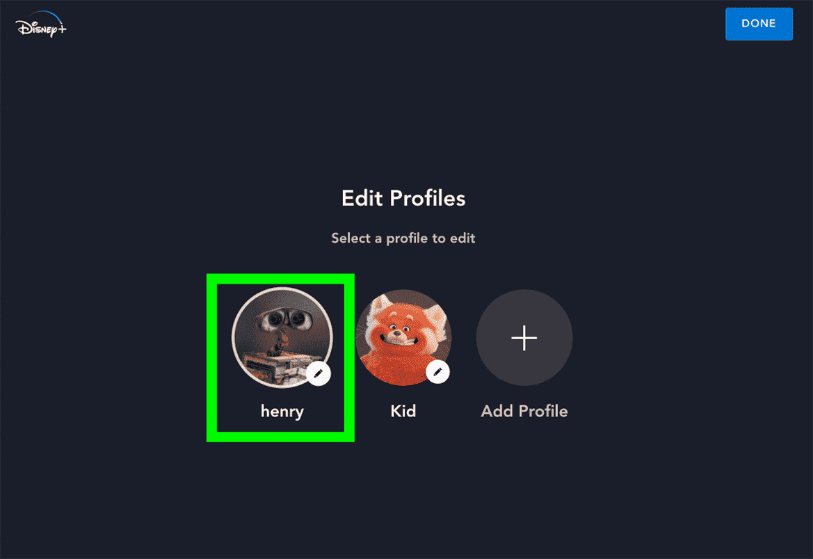 Une case met en évidence un profil dans la page Disney Plus Modifier les profils