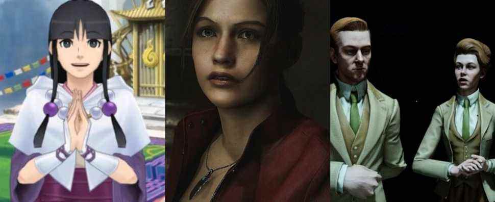 Best Sisters in Videogames split featured Maya Fey, Claire Redfield, and Lutece Twins