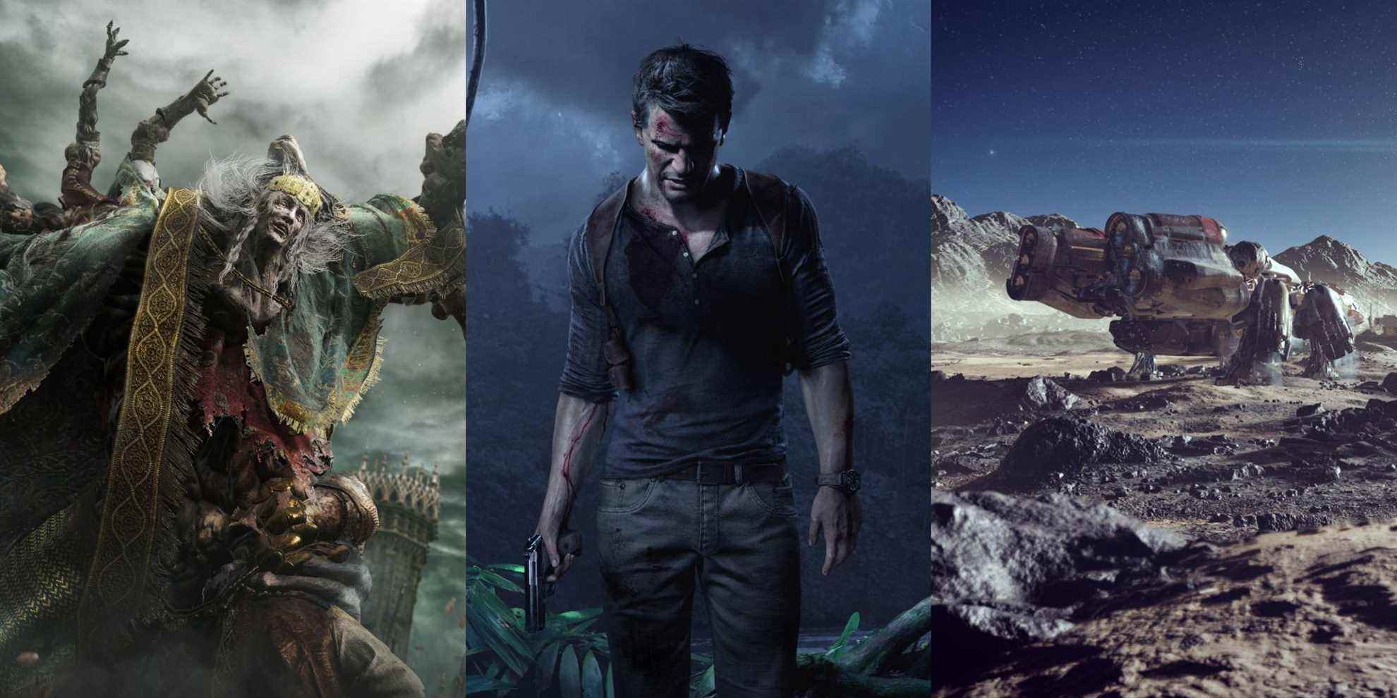 Margit from Elden Ring, Nathan Drake from Uncharted 4, and a ship from Starfield