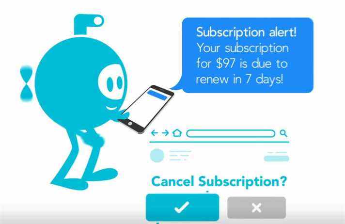 Un dessin animé d'annulation d'abonnement Track My Subs présente un personnage bleu et les détails de l'abonnement. 
