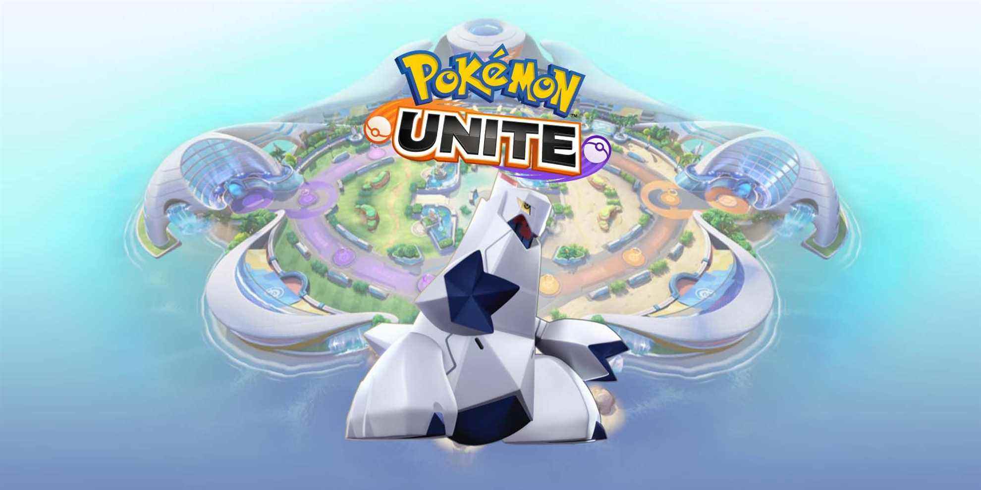  Duraludon from Pokemon Unite in front of an image of the island and game logo