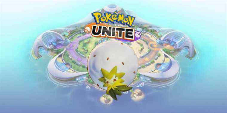 Eldegoss from Pokemon Unite in front of an image of the island and game logo