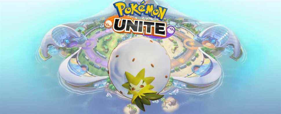 Eldegoss from Pokemon Unite in front of an image of the island and game logo