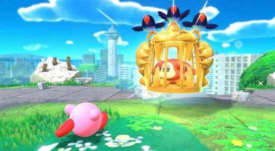 Kirby coming to save some caged Waddle Dees in Kirby and the Forgotten Land