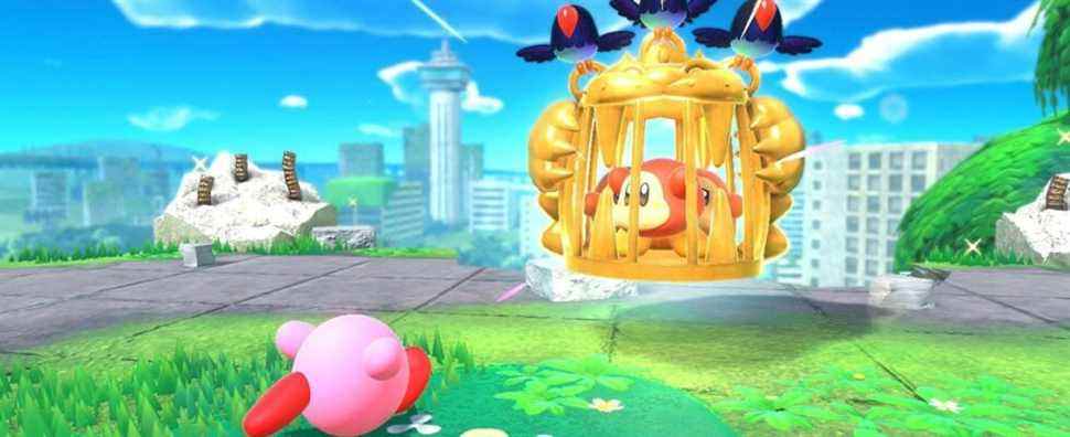 Kirby coming to save some caged Waddle Dees in Kirby and the Forgotten Land