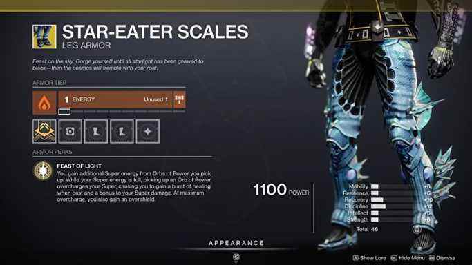 Une capture d'écran de l'inventaire Destiny 2 du pantalon Star-Eater Scales.