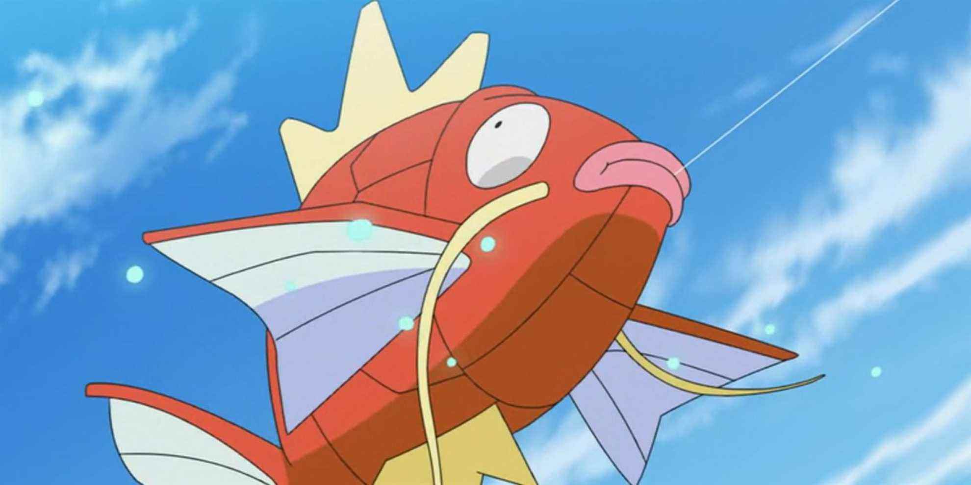 Magikarp Jumping Through The Air With Blue Sky Background