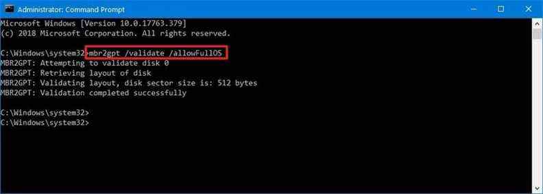 mbr2gpt valider la commande allowfullos