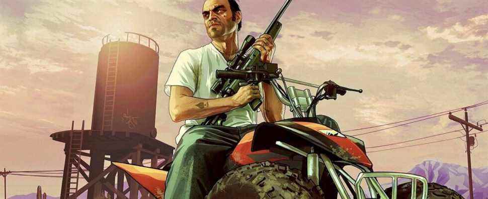 An image from Grand Theft Auto 5 showing Trevor on a quad bike while he holds a sniper rifle.