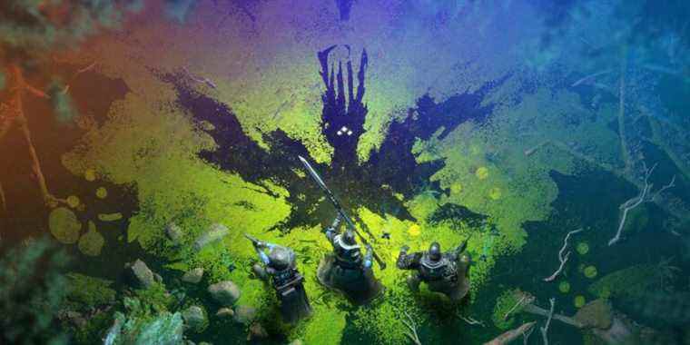 Art for Destiny 2: The Witch Queen depicting a fireteam of Guardians in the swamp of Savathun's throne world.