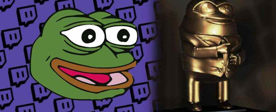 Pepe the frog appears left of The Streamer Awards trophy, which is itself a likeness of Pepe/Peepo.