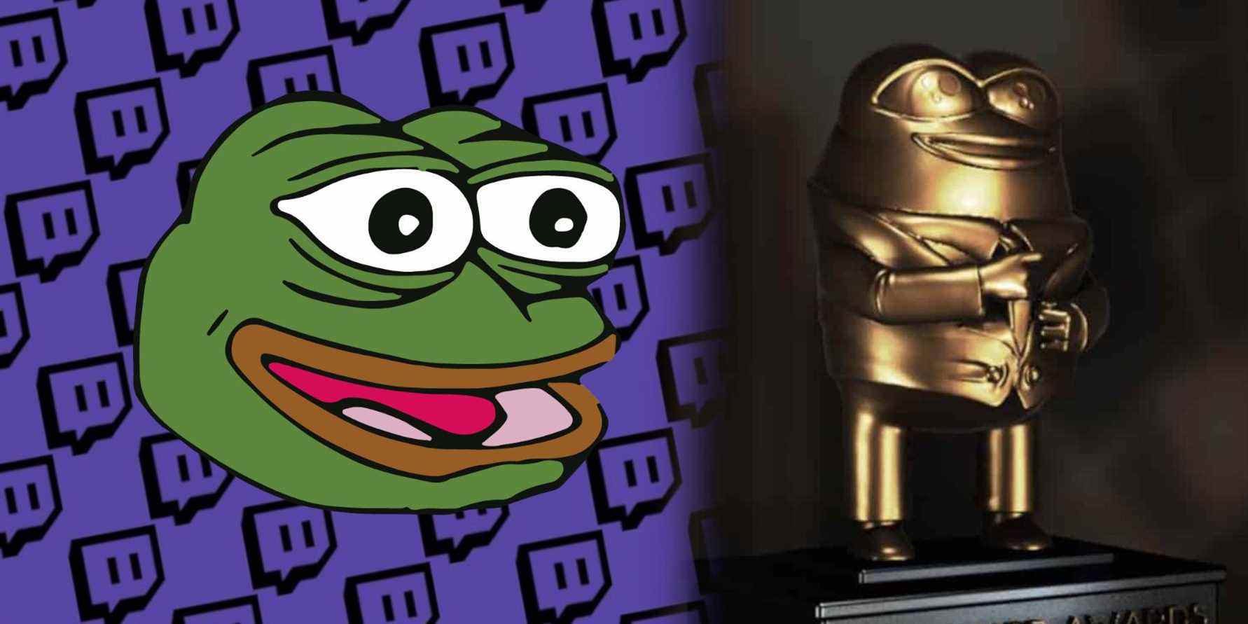 Pepe the frog appears left of The Streamer Awards trophy, which is itself a likeness of Pepe/Peepo.