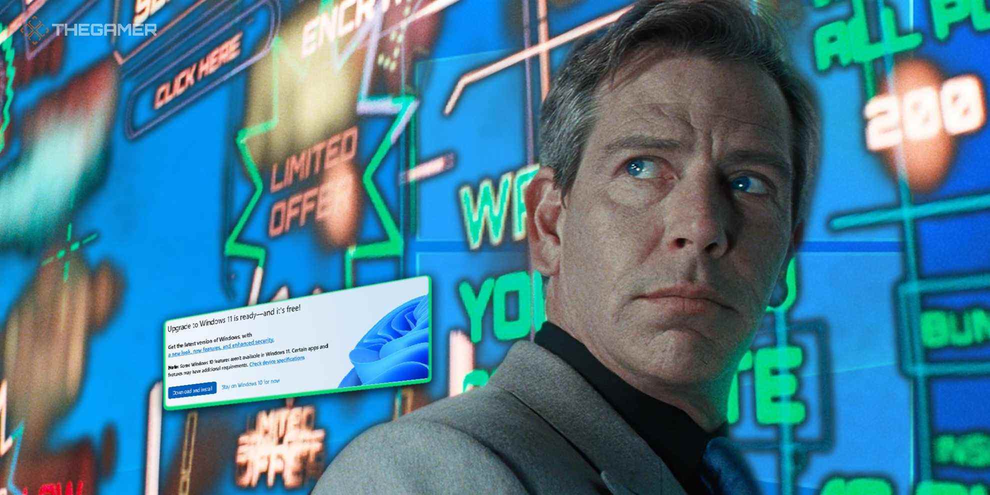 nolan sorrento from ready player one with ads and a windows upgrade ad behind him