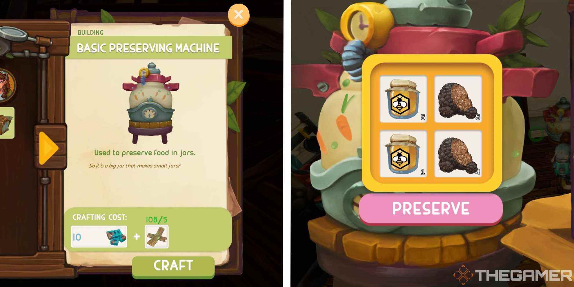 image of crafting screen for the preserving machine next to image of machine interface with honey and truffles placed