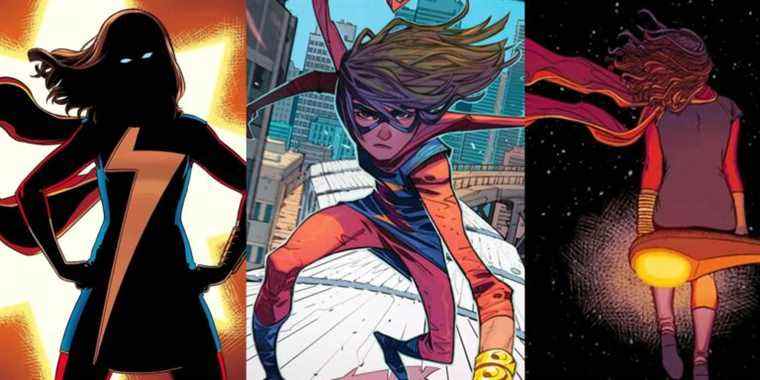 Ms Marvel silhouetted on a comic cover; Ms Marvel standing on a moving train; Ms Marvel sitting on a lamppost at night