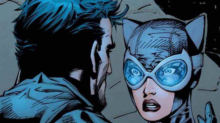 Batman enlève son masque devant une Catwoman choquée dans un rendu de bande dessinée.