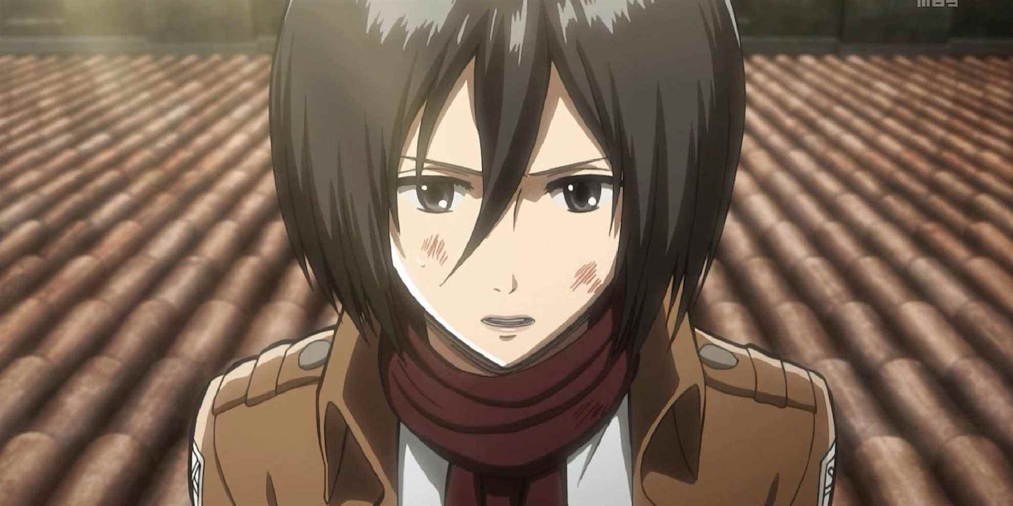 Mikasa aux cheveux courts debout sur un toit avec son écharpe rouge et son uniforme du Survey Corps