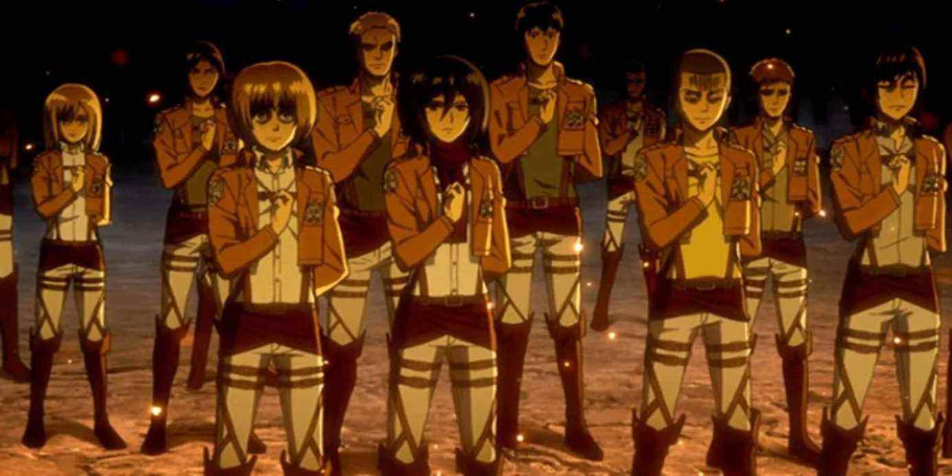 Le Survey Corps d'Attack on Titan exécutant l'emblématique 