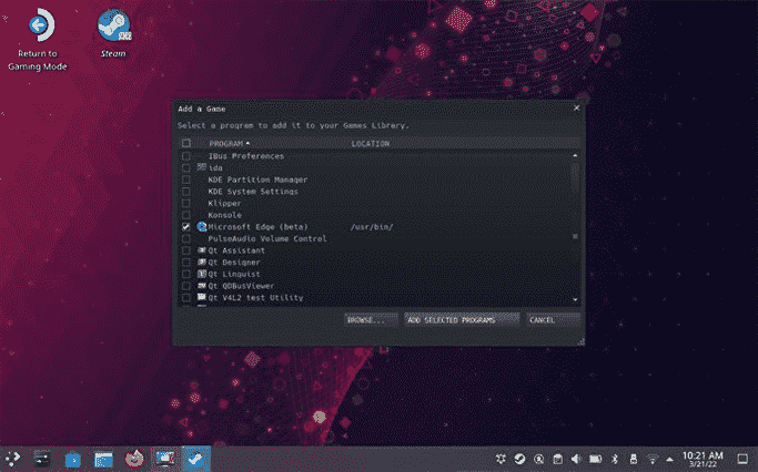 Étape 7 de la façon d'obtenir Xbox Cloud Gaming sur le Steam Deck : Sélectionnez la version bêta d'Edge et cliquez sur Ajouter les programmes sélectionnés