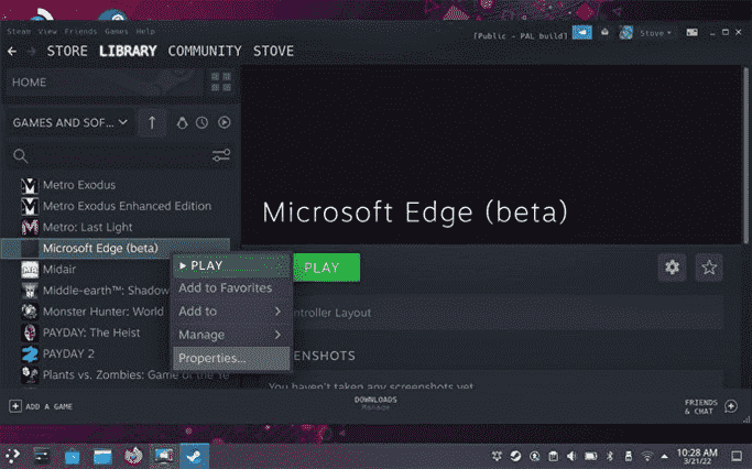 Étape 10 de la façon d'obtenir Xbox Cloud Gaming sur le Steam Deck : lancez Steam, cliquez avec le bouton droit sur la version bêta d'Edge et sélectionnez Propriétés