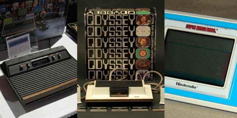 The Atari 2600 on display at E3; The Magnavox Odyssey with its original box; a Super Mario Bros version of the Game & Watch