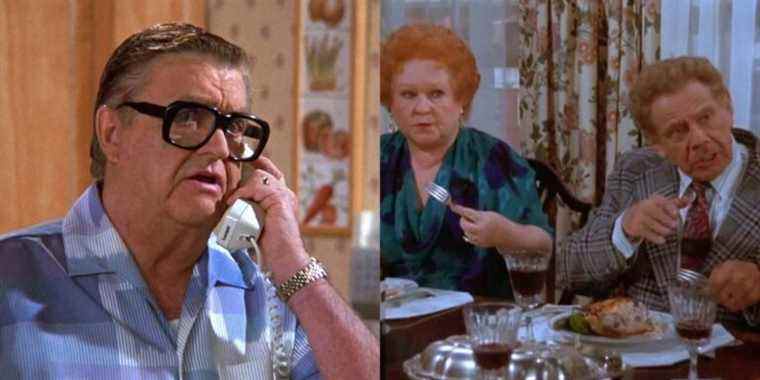 Split image of Morty (Barney Martin), Estelle (Estelle Harris) and Frank (Jerry Stiller) on Seinfeld