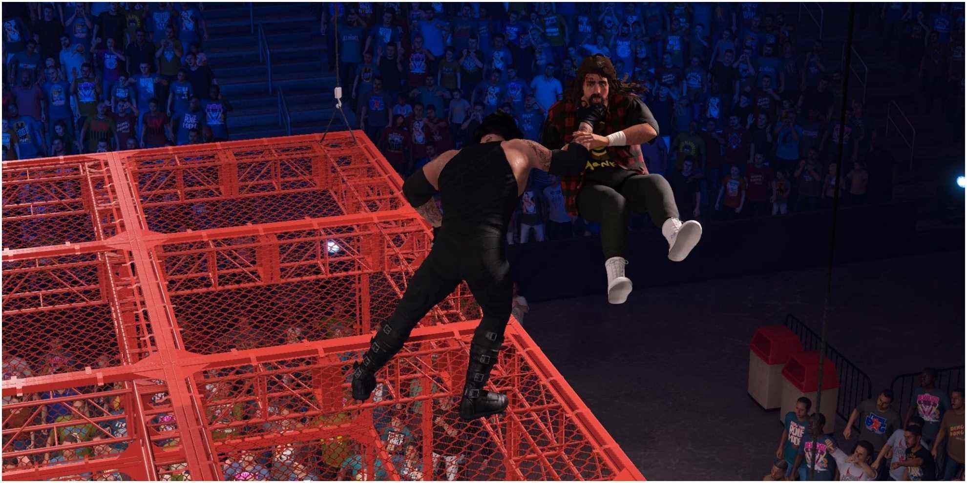 Chokeslam WWE 2K22 du haut de la cellule