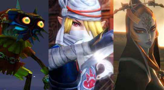 Masked Skull Kid on a roof in Majora's Mask; Sheik as she appears in Hyrule Warriors; Midna's true form from Twilight Princess HD