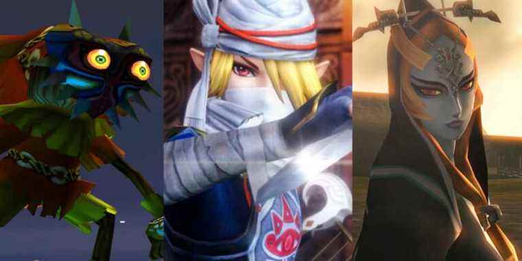 Masked Skull Kid on a roof in Majora's Mask; Sheik as she appears in Hyrule Warriors; Midna's true form from Twilight Princess HD