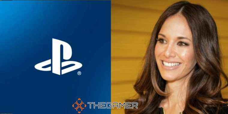 Jade raymonds looking at a playstation logo