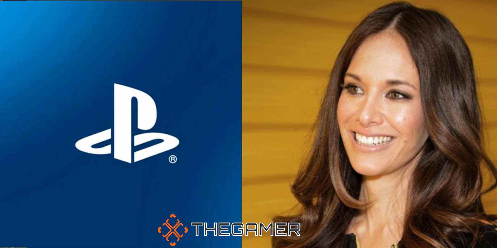 Jade raymonds looking at a playstation logo