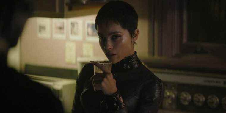 Zoe Kravitz as Catwoman drinking milk in The Batman