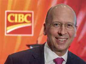 Le chef de la direction de la CIBC, Victor Dodig, lors de l'assemblée annuelle de la banque le 4 avril 2019 à Montréal.