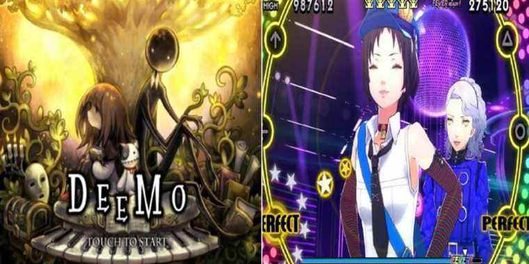 Split image Deemo intro screen art and two characters shown in Persona 4: Dancing All Night Stage with Perfect icons PS Vita